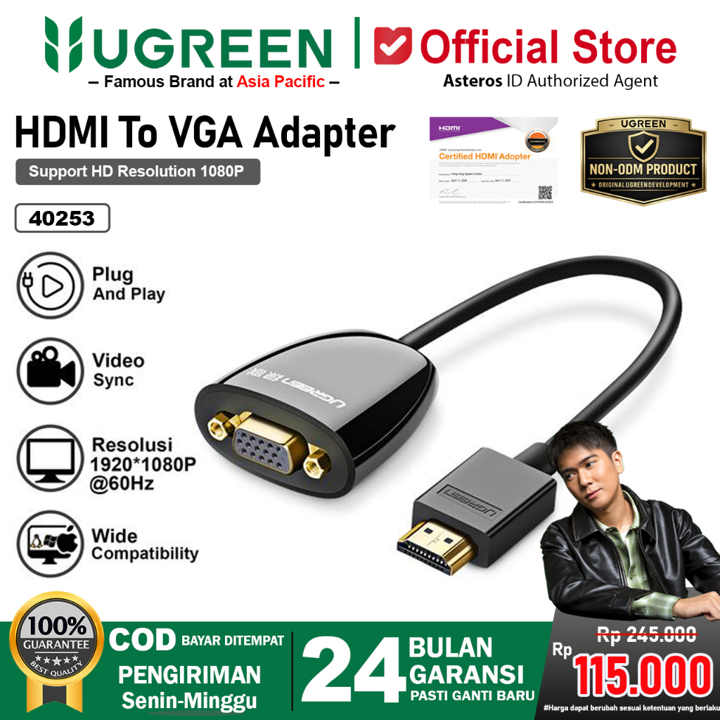 UGREEN Kabel HDMI To VGA Converter Proyektor Up To 1080P 40253