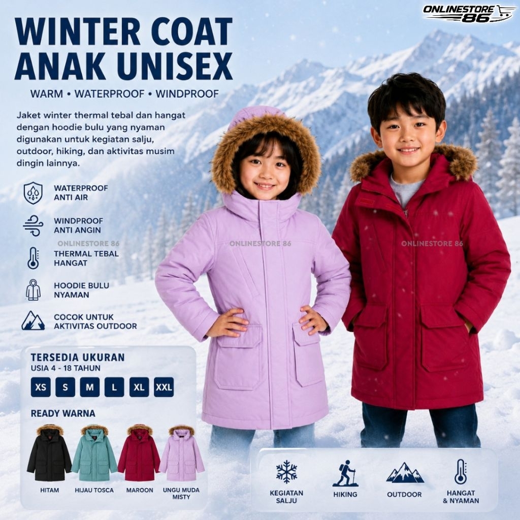 Jaket Winter Anak Musim dingin - Coat / Jacket Unisex Waterproof - Jaket Anak Perempuan Laki2 Cewek 