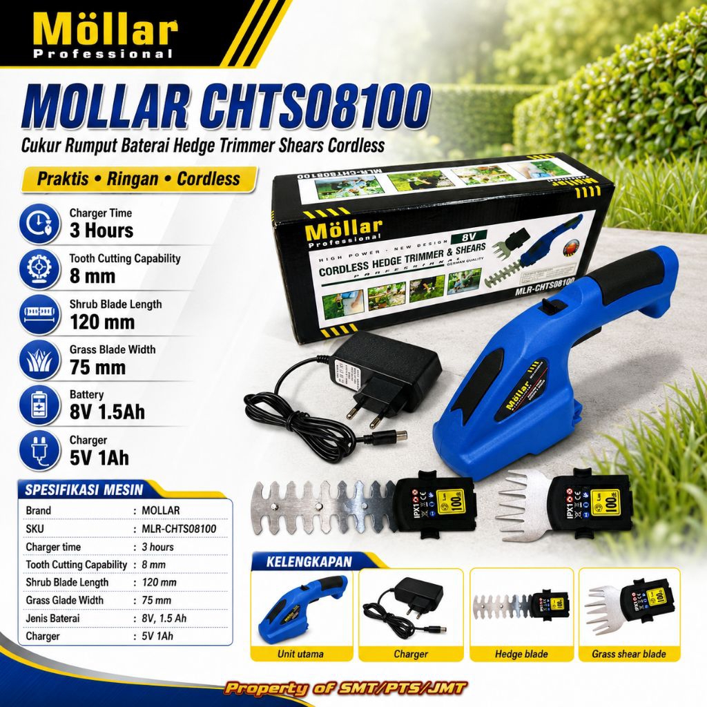 MOLLAR CHTS08100 Cukur Rumput Baterai Hedge Trimmer Shears Cordless