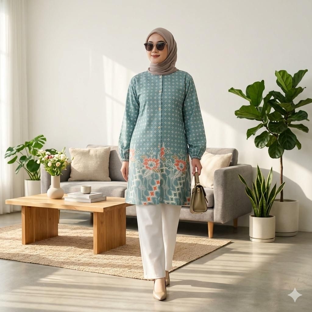 pengiriman cepat Tunik Batik Wanita Modern Tunik Kancing Lengan Balon Atasan Batik full Kancing