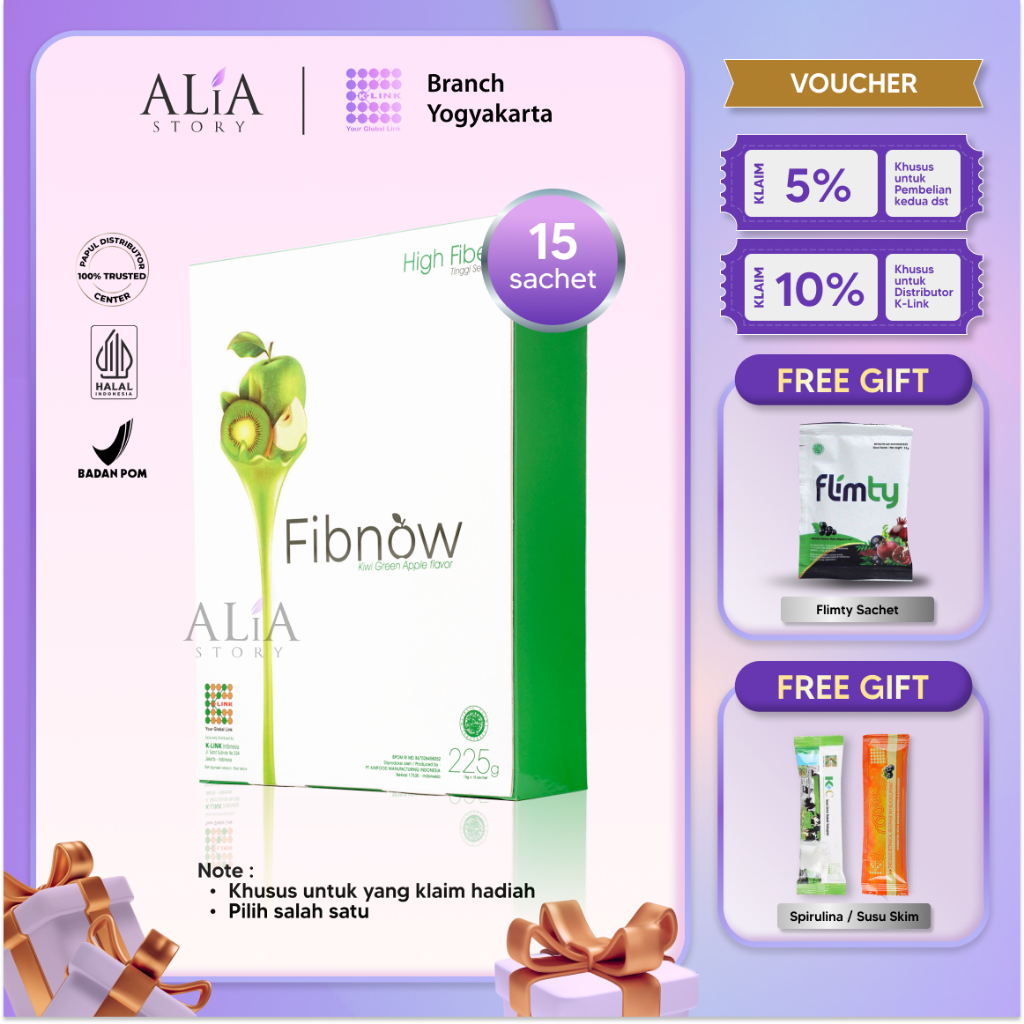 Fibnow Nutrition High Fiber (1 Box isi 15 Sachet) Makanan Tambahan Kaya Nutrisi dengan Kiwi Green Ap