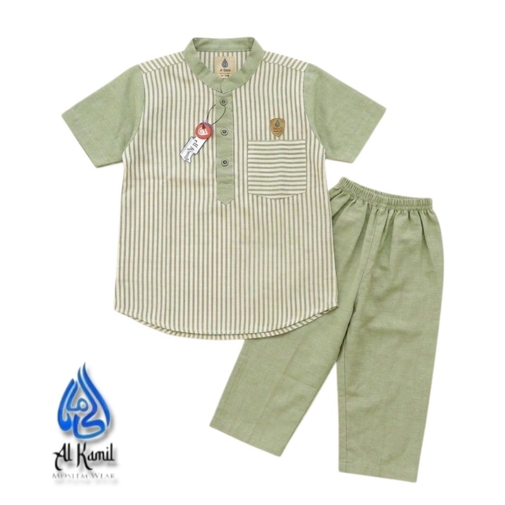 Setelan Koko Kurta Oxford Kancing Motif Salur Anak Usia 1-10 Tahun