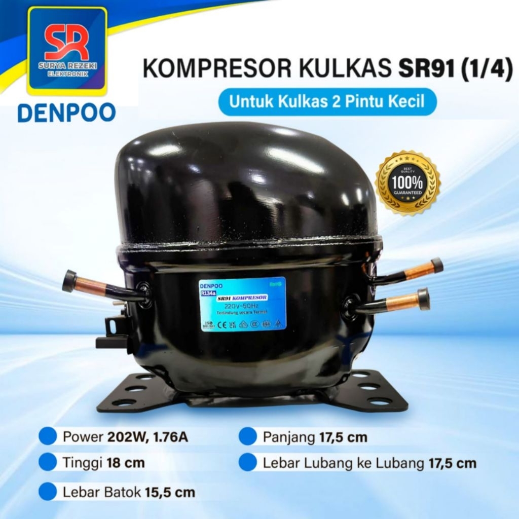 Kompresor Kulkas/Freezer/Showcase Denpoo-SR91 (1/4) untuk Kulkas 2 Pintu Kecil-Kualitas Terbaik