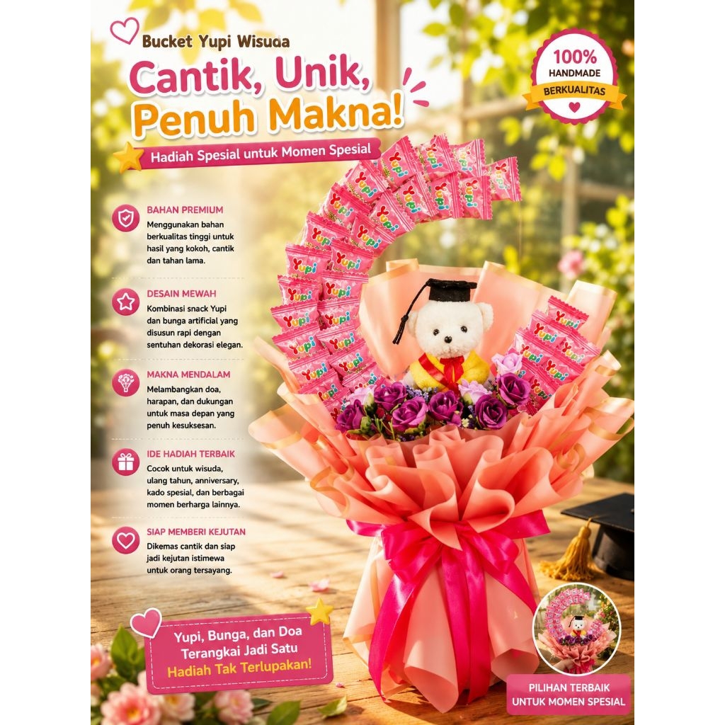 type 068 Bucket Permen Yupi Bentuk Bulan Boneka Toga Hadiah Wisuda Spesial Bucket Snack Yupi Bunga P
