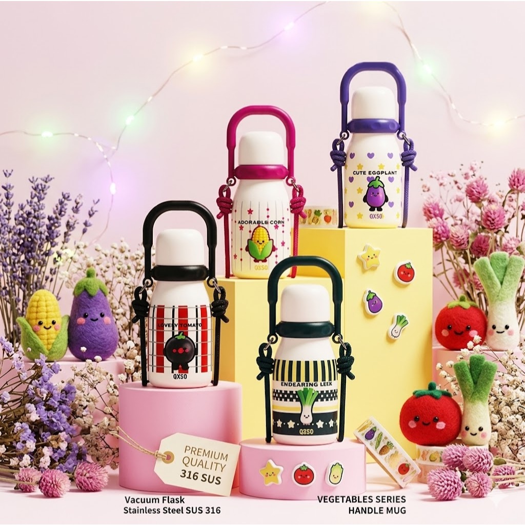 Termos Botol Minum Stainless Steel 2 Cara Minum Motif Sayuran & Aneka Tulisan I Termos Tenteng Tali 
