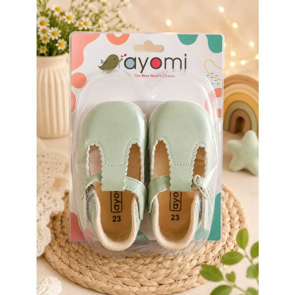 Sepatu Bayi Perempuan Prewalker Ayomi Original - Model Flat Shoes Mary Jane T-Strap Mint Green Lucu 