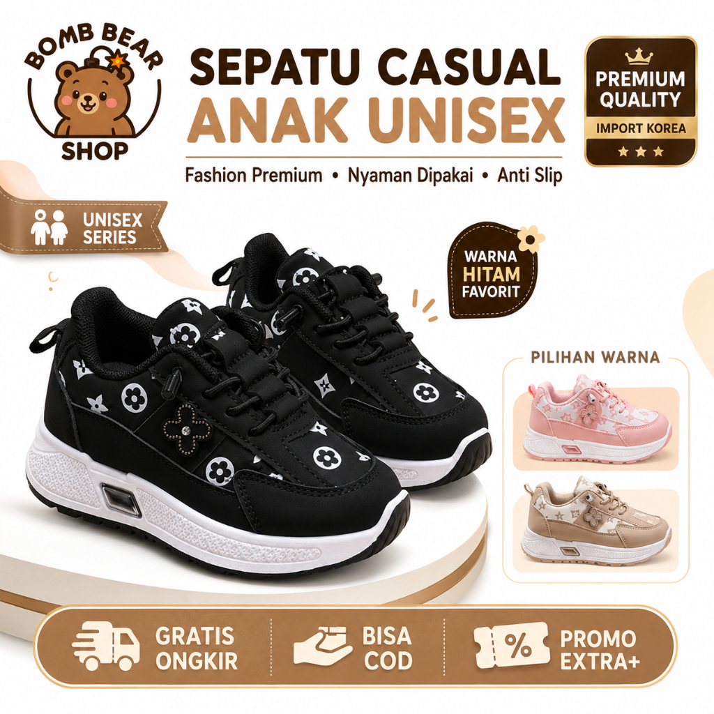 Bomb Bear - Sepatu Sekolah Sneaker Anak Motif LV Mewah TK SD Usia 3-12 Tahun Warna Hitam, Pink, Khak