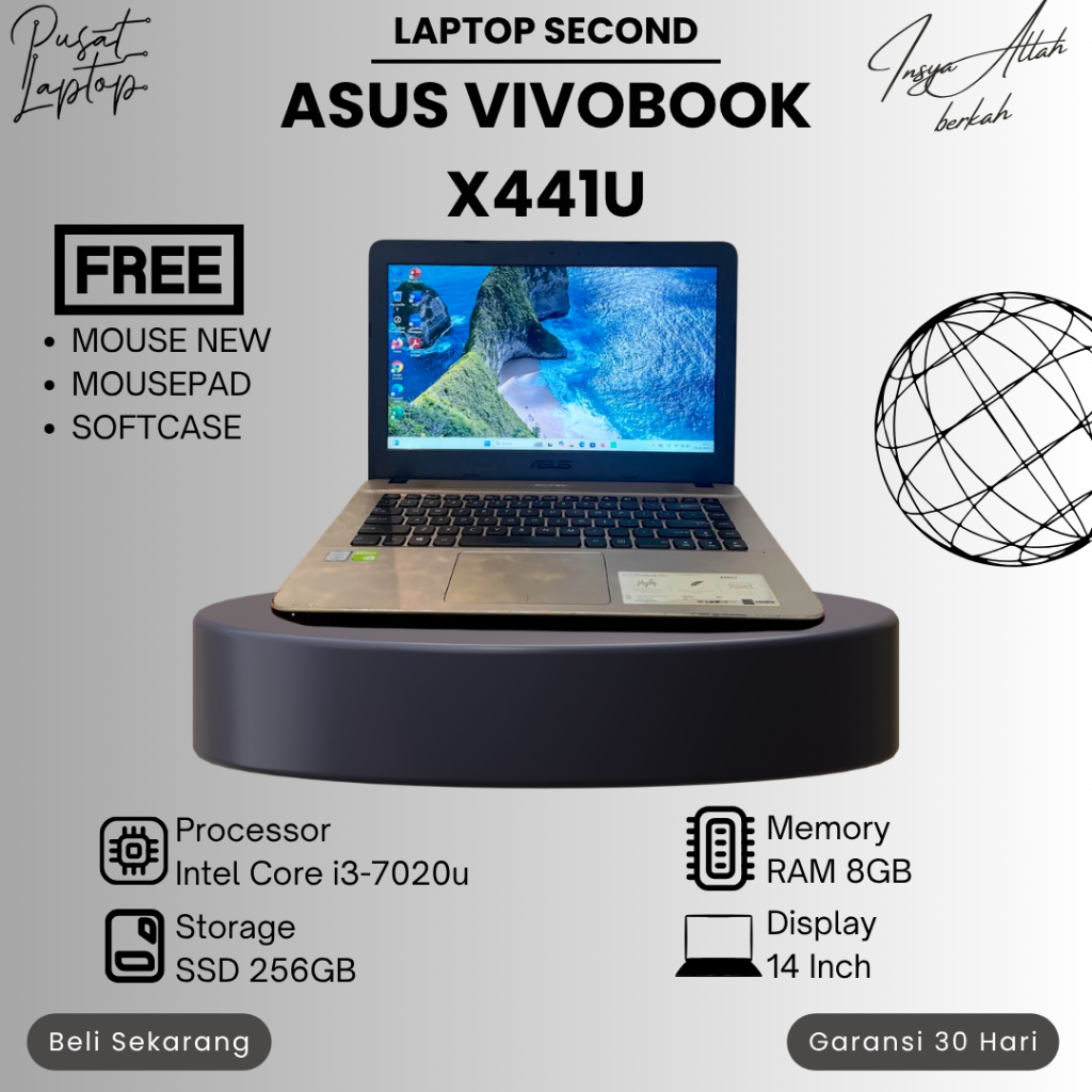 LAPTOP ASUS VIVOBOOK X441U SECOND | INTEL CORE I3 GEN 7 | RAM 8GB | SSD 256GB | NORMAL | BERGARANSI