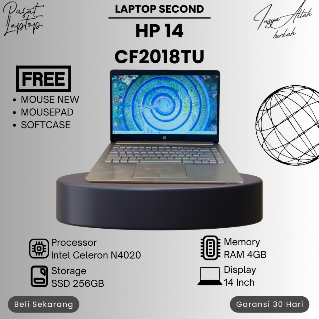 LAPTOP HP 14S-CF2018TU SECOND | INTEL CELERON N4020 | RAM 4GB | SSD 256GB | 14INCH | NORMAL | BERGAR