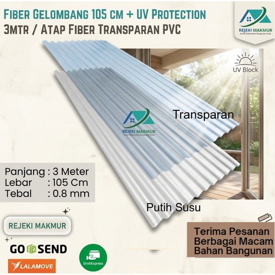 Fiber gelombang +UV protection 3m x 105cm x 0.8mm putih susu / Atap fiber bening transparan pvc