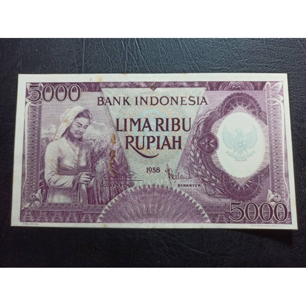 UANG KUNO 5000 RUPIAH PEKERJA VIOLET TAHUN 1958 LANGKA BAGUS