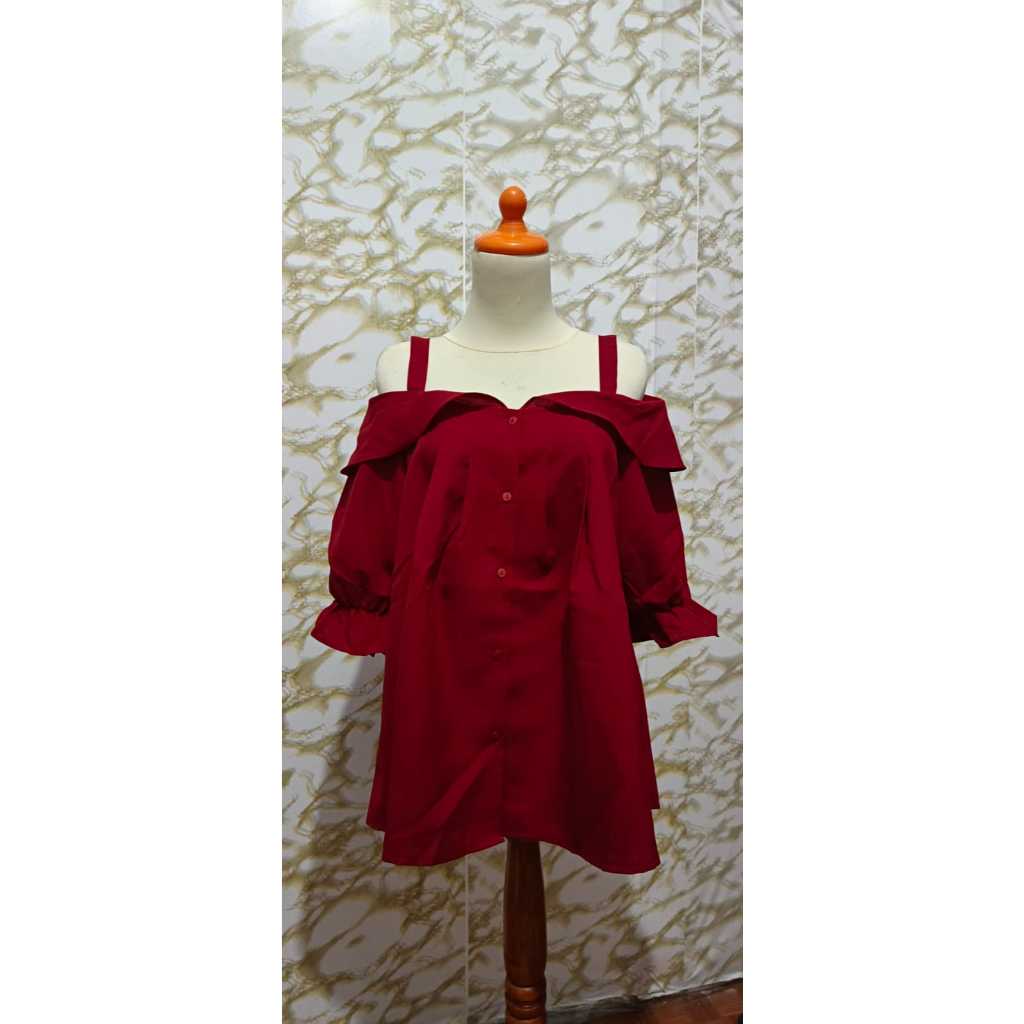 Blouse Merah Maroon Cold Shoulder Wanita