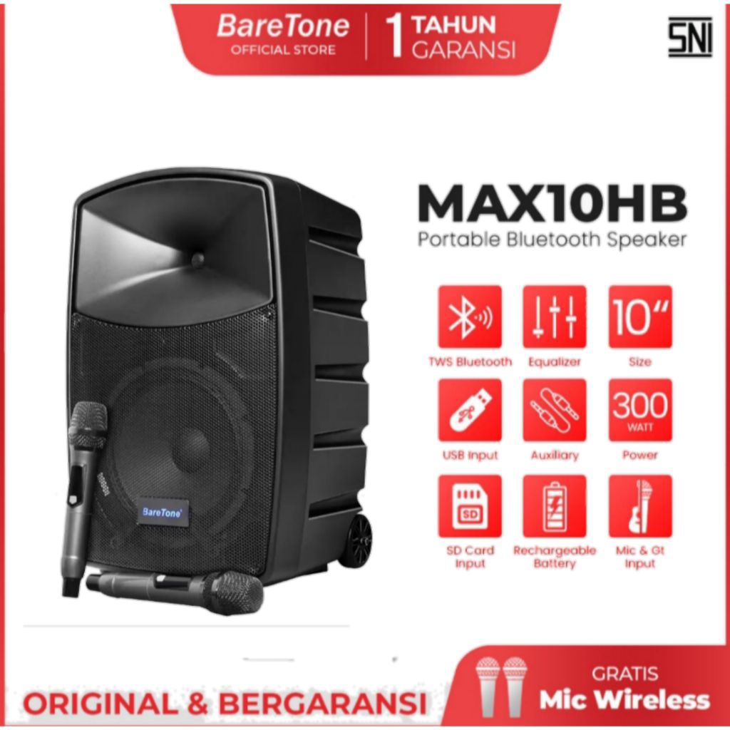 Speaker Portable Bluetooth Baretone 10 Inch Max10hb