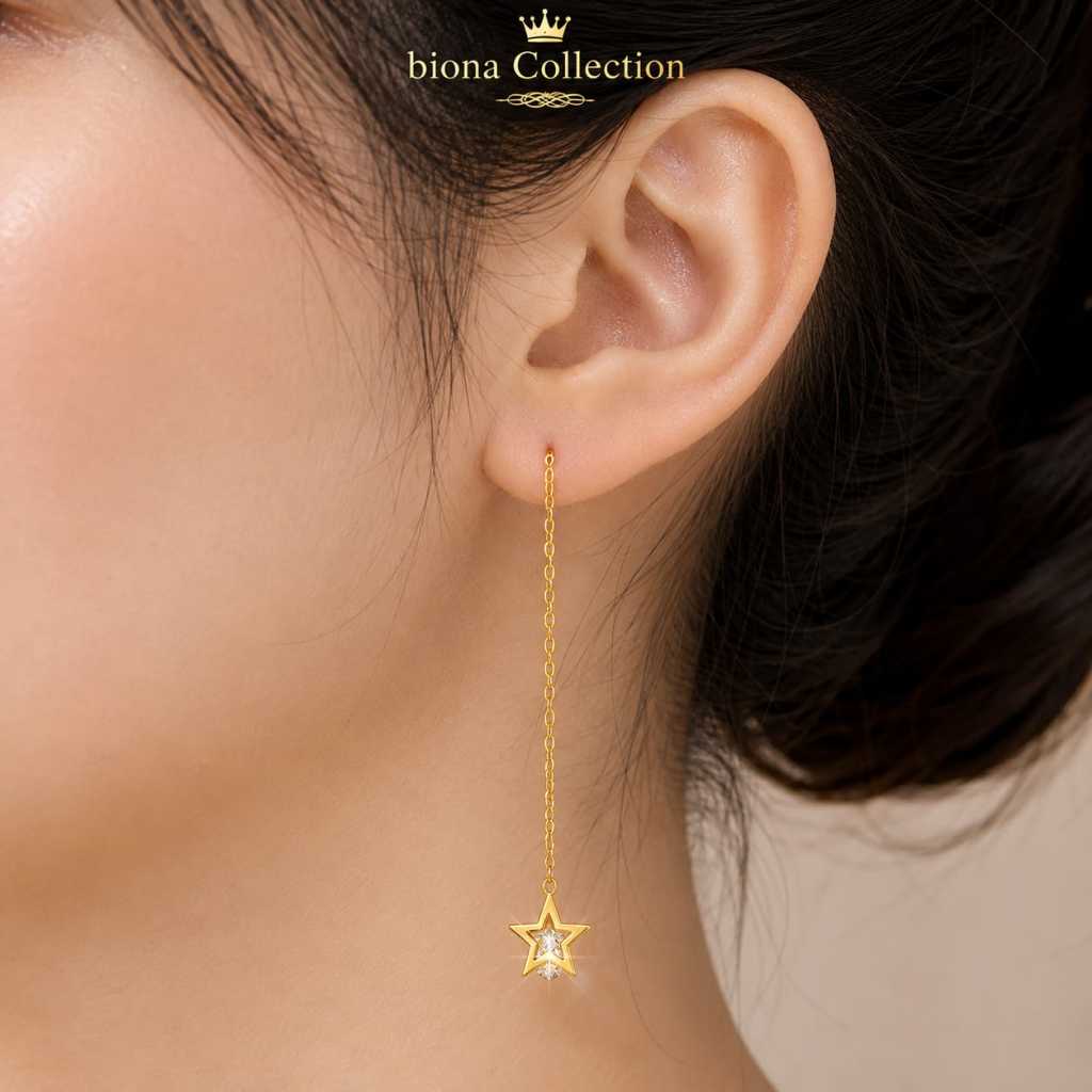 Anting Titanium Bintang Jurai Wanita Elegan | Anting Rantai Panjang Bintang Zircon | Anti Karat Anti