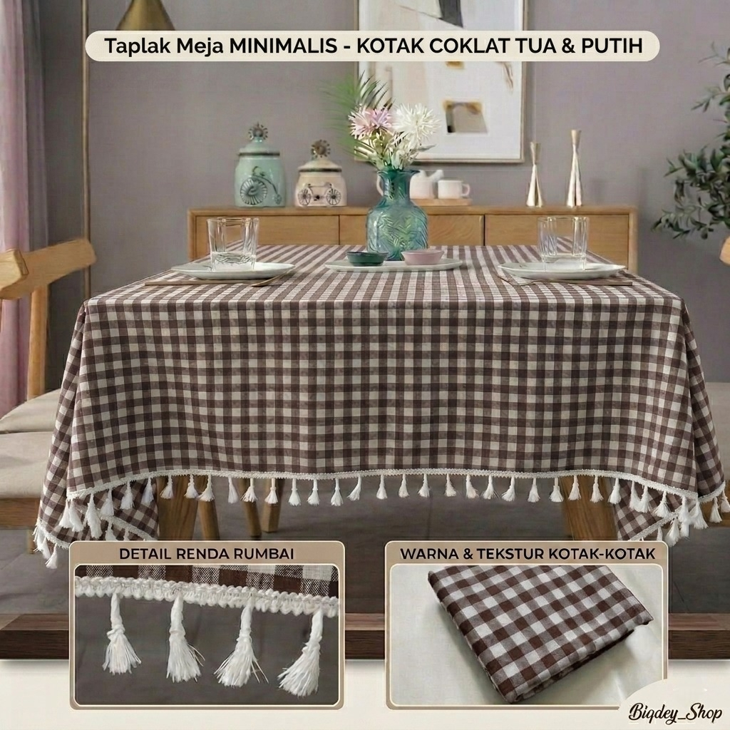 Taplak Meja Aestetic Variasi Renda Rumbai Motif Kotak-Kotak Kecil (1cm) Beragam Warna & Ukuran