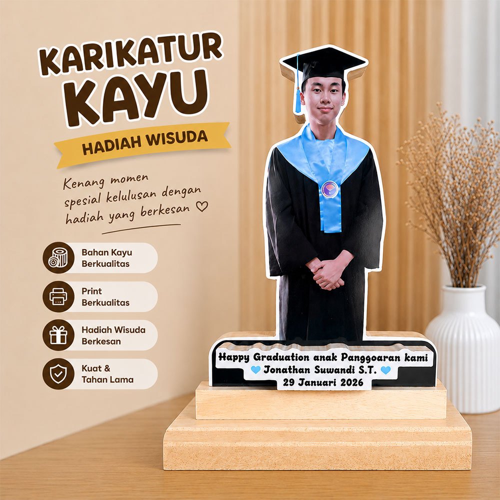 Hadiah Wisuda Karikatur Kayu Custom Foto Kado Kelulusan Sarjana Nama dan Ucapan Custom