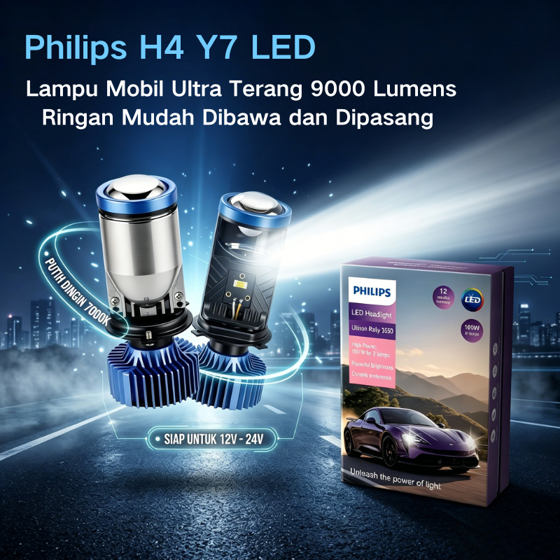 Philips H4 Y7 LED Lampu Mobil 100W  9000LM Putih Dingin 7000K Pendingin Aluminium Turbo