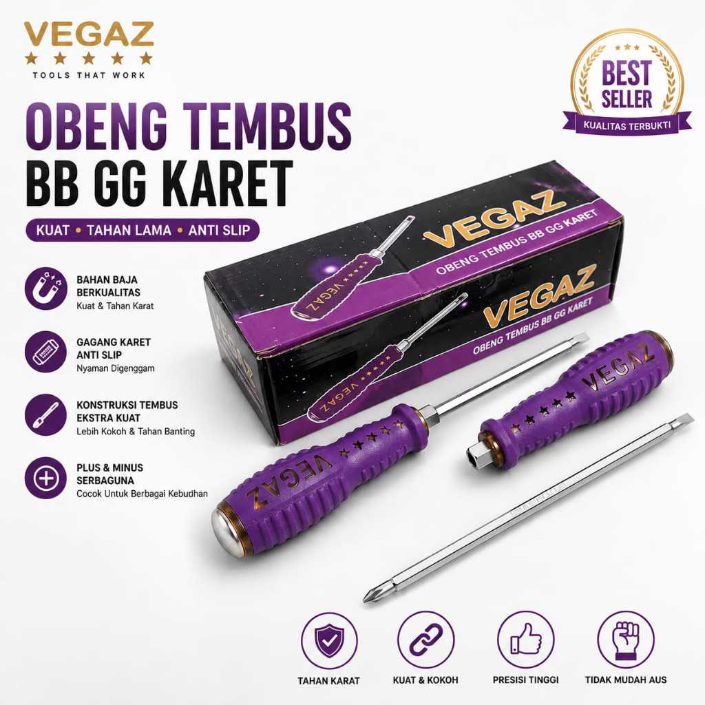 Obeng Tembus Bolak Balik VEGAZ 4 Inch Gagang Karet Anti Slip Obeng Plus Minus Ketok Chrome Vanadium
