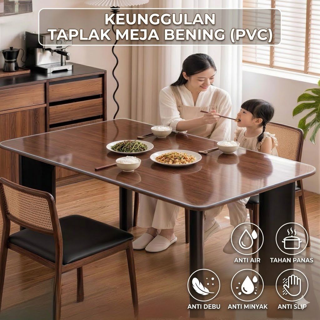 Taplak Meja Makan Transparan Bening 1.6mm Tebal PVC Anti Air Tahan Panas Alas Meja Bening Kaca Plast