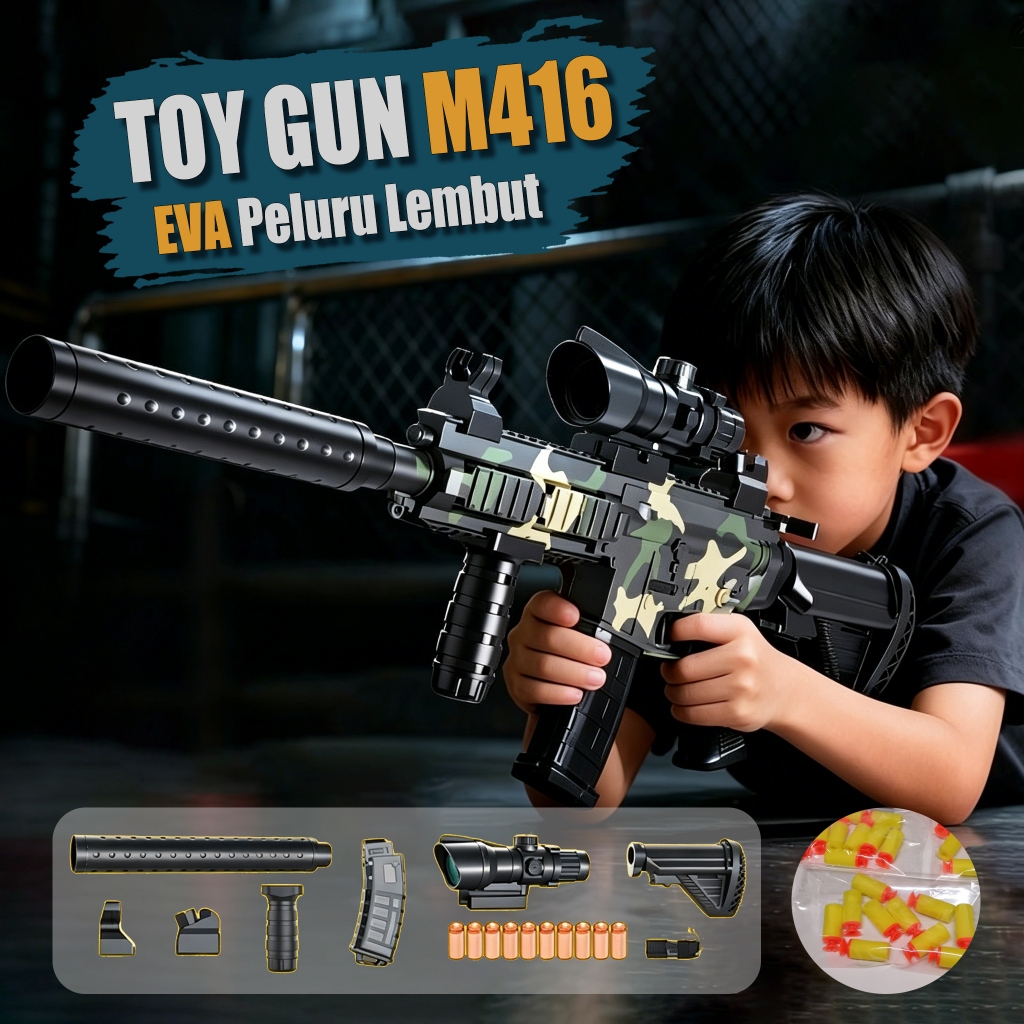 Mainan Anak Pistolan Karet Fake Pistol Senapan Serbu Toy Gun M416 Tembakan Peluru Eva Soft Bullet