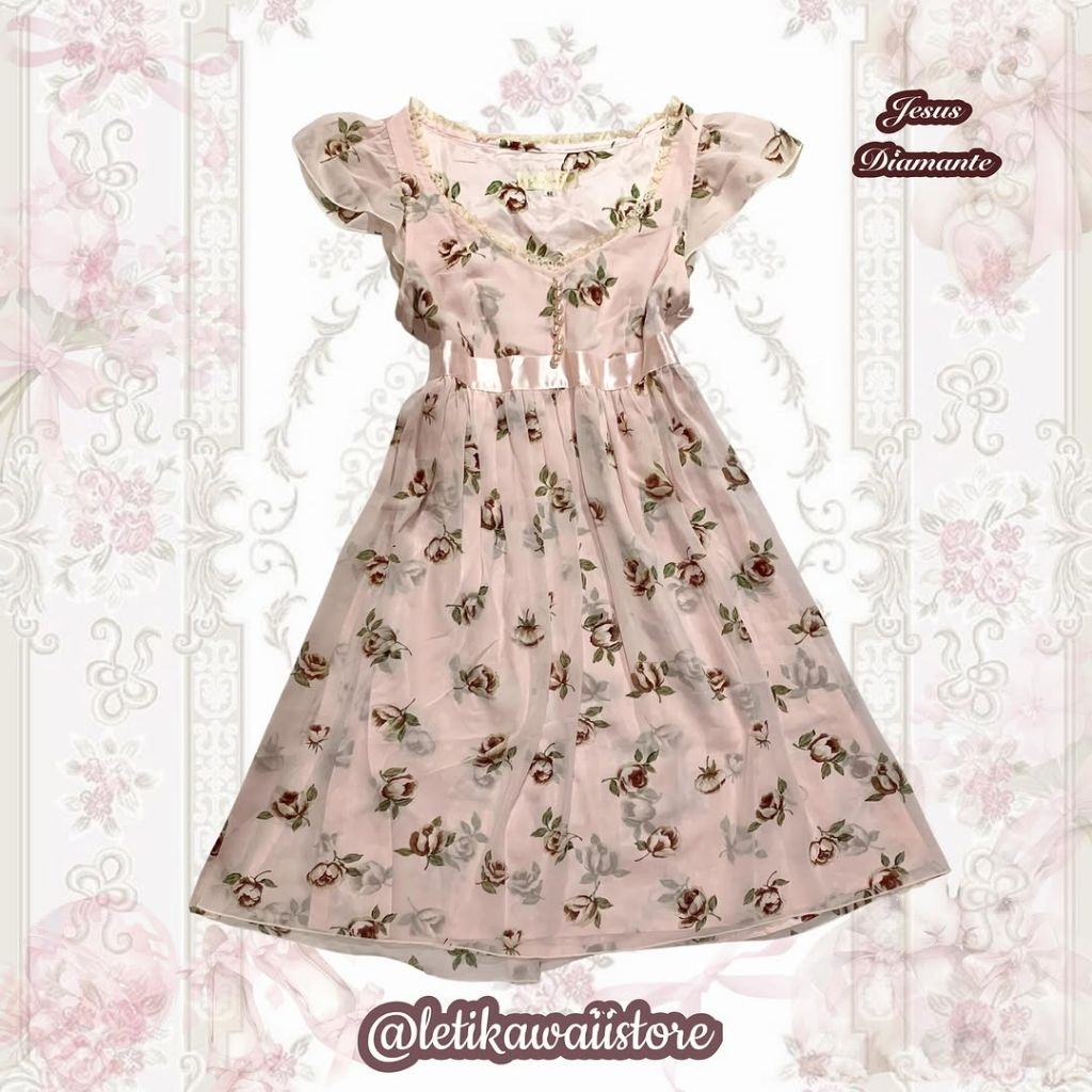 Jesus diamante himegyaru gyaru gal soft pink floral milkmaid dress kawaii kawai coquette dollete got