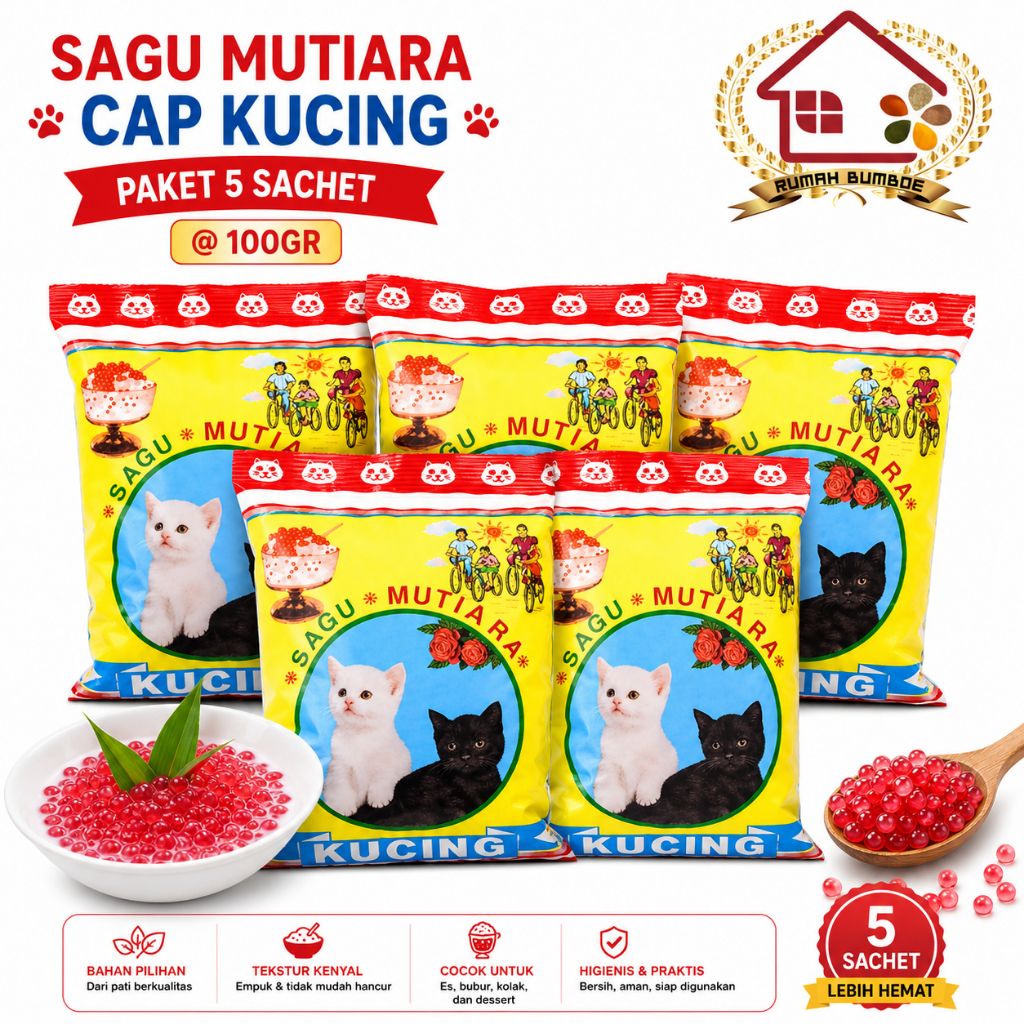 (5 pcs x 100gr) MUTIARA KUCING Sagu Mutiara Cap Kucing SAGU MUTIARA CAP KUCING PAK