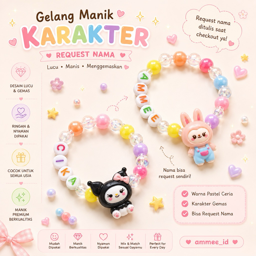 GELANG MANIK CUSTOM NAMA / GELANG ANAK SANRIO SERIES CUSTOM NAMA / GELANG VIRAL
