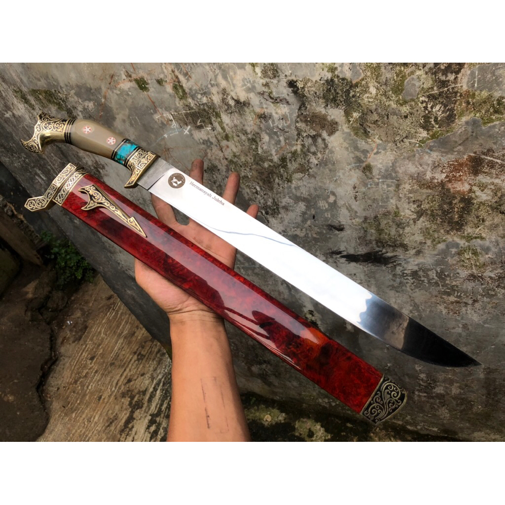 Pisau Sembelih Baja BOHLER M390 40cm 59HRC Tajam - Sarung Kayu burl Red, Gagang Tanduk, Fulltank di 