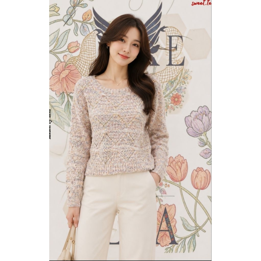 Sweater Rajut Wanita Lubang Hias Motif Geometris Campur Warna Pastel – Baju Luaran Longgar