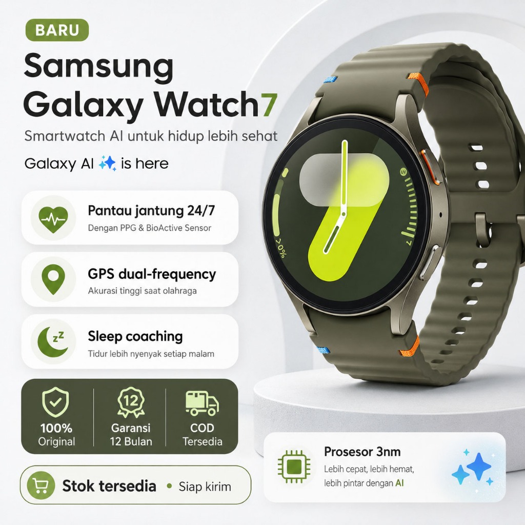 Samsung Galaxy Watch 7 44mm Hitam - Desain Elegan, Fitur Kesehatan Canggih, Touch Screen Jantung Jam