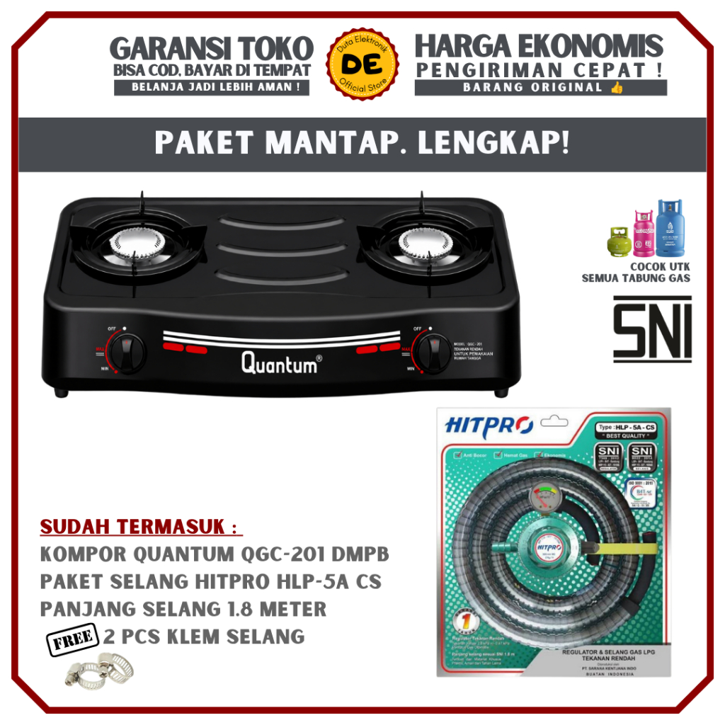 Paket Kompor QUANTUM 2 tungku QGC 201DMPB / QGC-201DMPB / bonus Selang Regulator Gas Hitpro