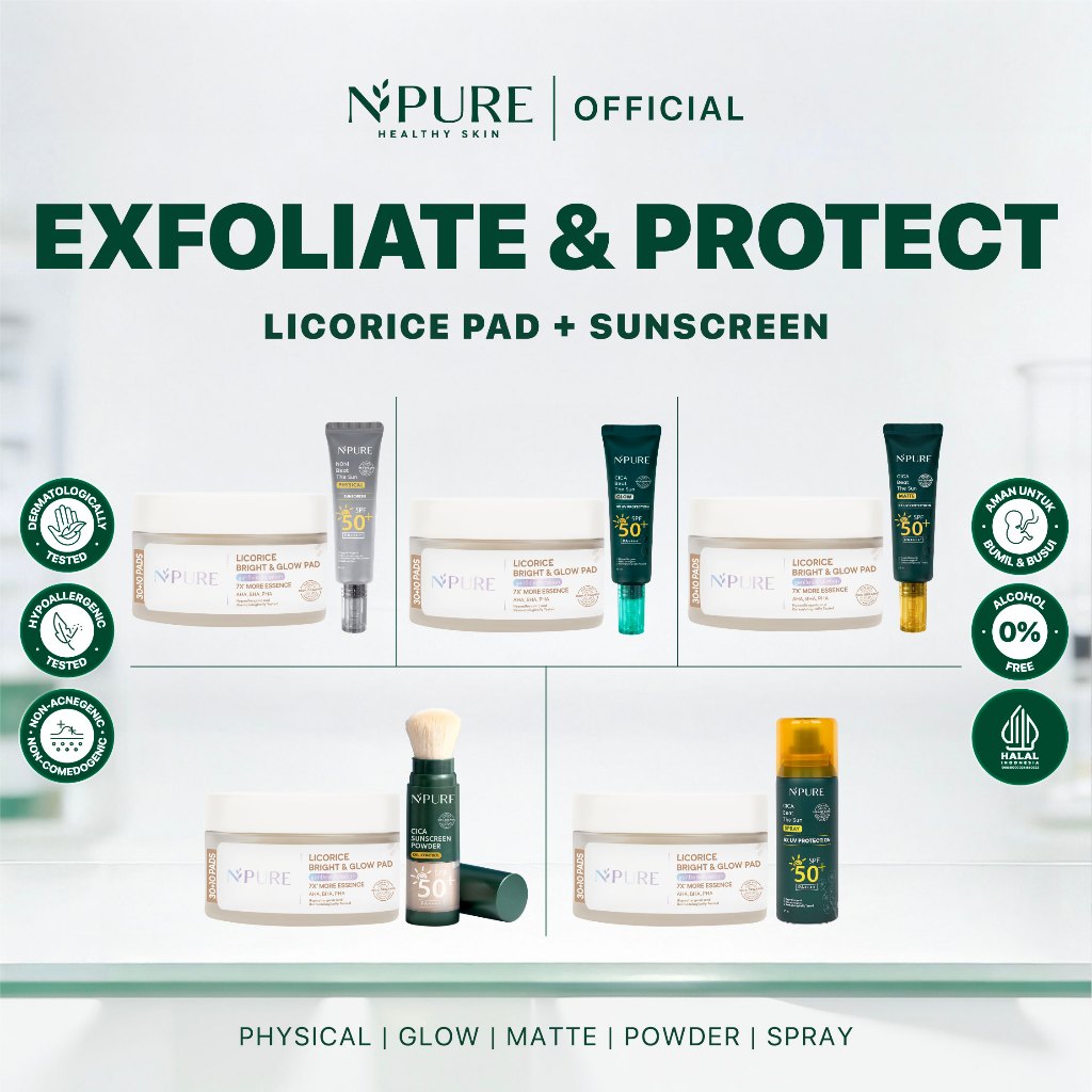 [BUNDLE EXFOLIATE & PROTECT] NPURE Licorice Pad 40 Kapas 130 gr + Sunscreen Oil Control Powder 5 gr 