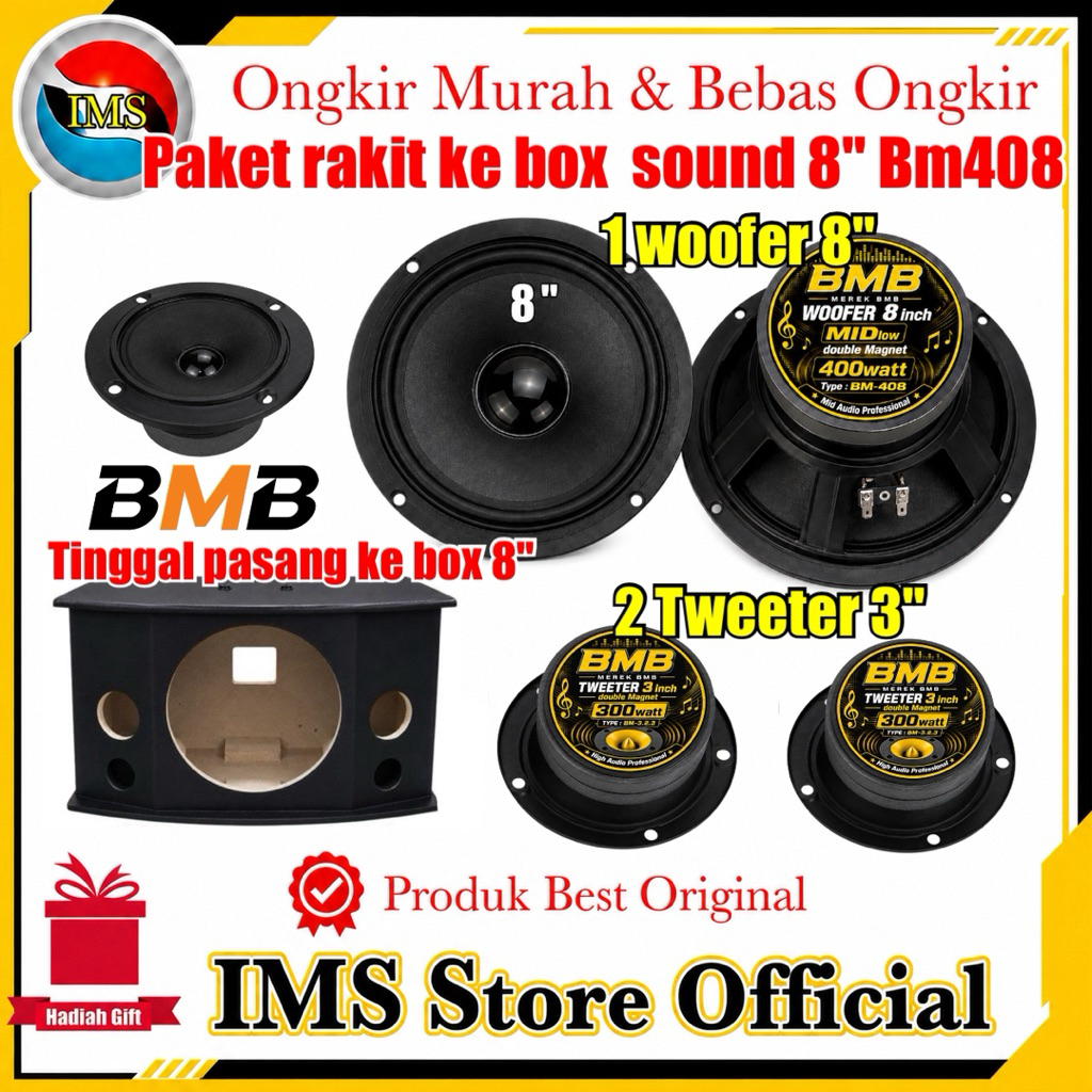 Paket set Tinggal rakit ke box nya 1 unit 8 inch woofer dan 2 tweeter BMB IMPOR ORIGINAL
