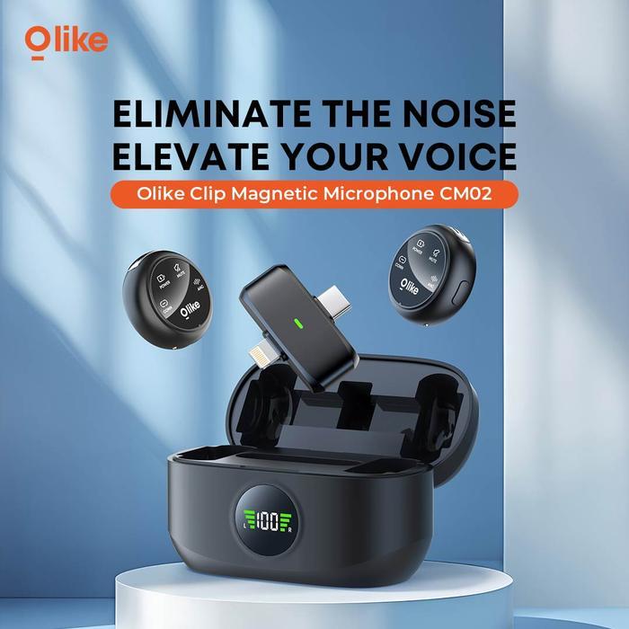 Olike CM02 Clip Magnetic Wireless Lavalier Mic ANC Dual Mic dengan Charging Case LED Display untuk C