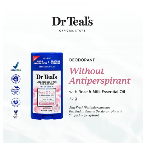 Dr Teal's Deodorant Magnesium/Deodoran Tanpa Antiperspirant - Rose Essential Oil & Shea Butter 75 ML