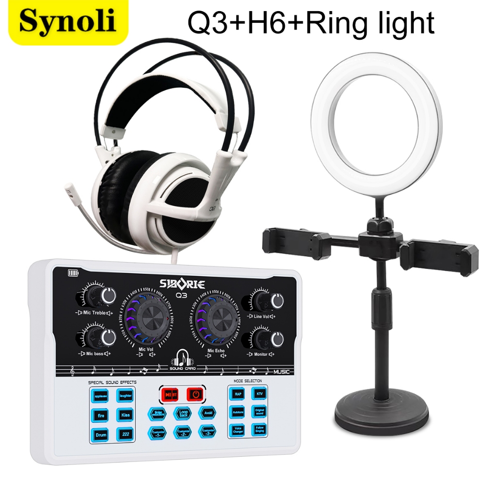 Synoli Sound Card Q3 Paket Lengkap Headphone H6 Ring Light Peralatan Live Streaming dan Karaoke SIAP