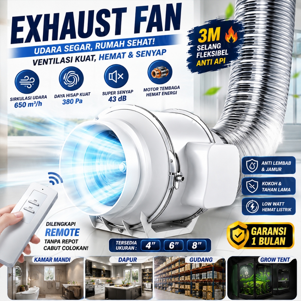 Kipas Saluran Pembuangan Kipas Exhaust Dinding Tertanam 8inch Penghisap Asap Dapur Ventilasi Kamar M