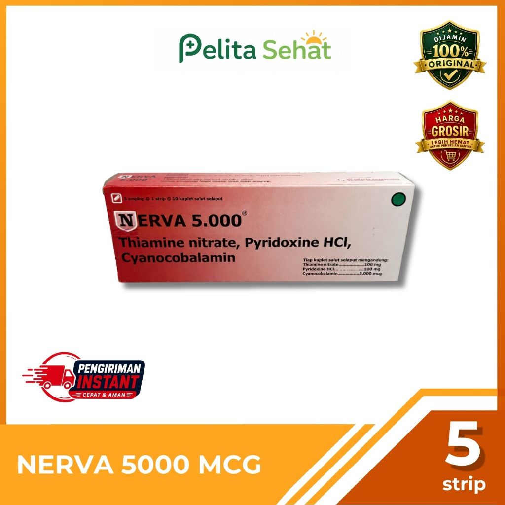 Nerva 5000 1 Box 50 Kaplet Salut Selaput | Vitamin B1 B6 B12 Dosis Tinggi | Thiamine Nitrate Pyridox