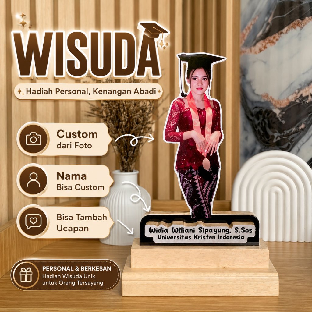 Hadiah Wisuda Custom Foto Karikatur Kayu Nama Bisa Custom Kado Kelulusan Unik Berkesan