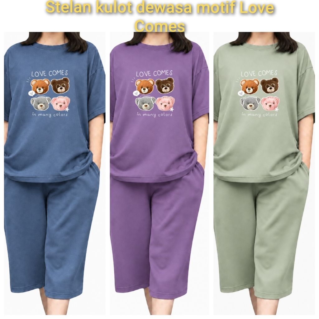 : Stelan Kulot Dewasa Wanita Motif love Coms Premium | Setelan Santai Casual Jumbo | Baju Rumahan Mo