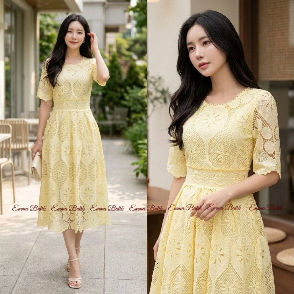Midi Dress Brokat Putih Lengan Pendek Ukuran Jumbo