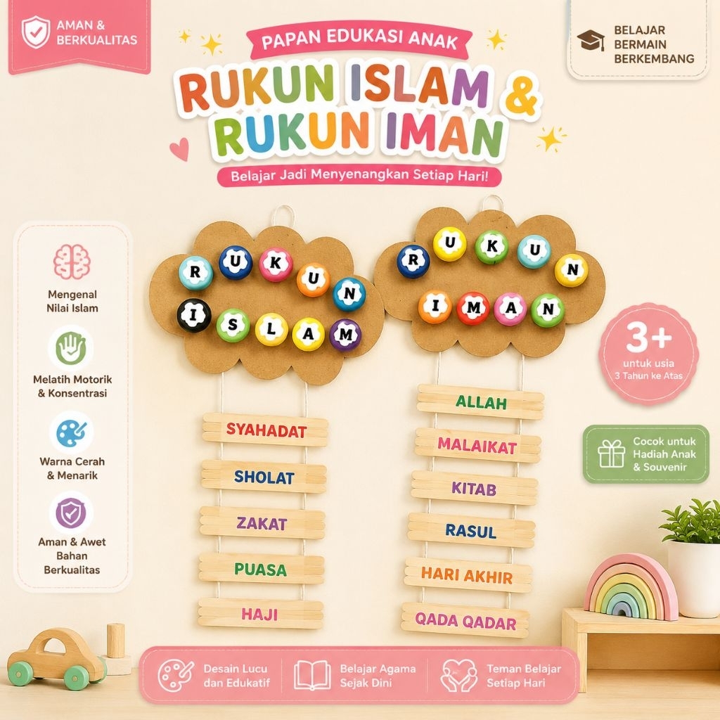 Papan Edukasi Rukun Islam & Rukun Iman Anak | Alat Peraga PAUD TK Islami | Kerajinan Tangan Edukatif