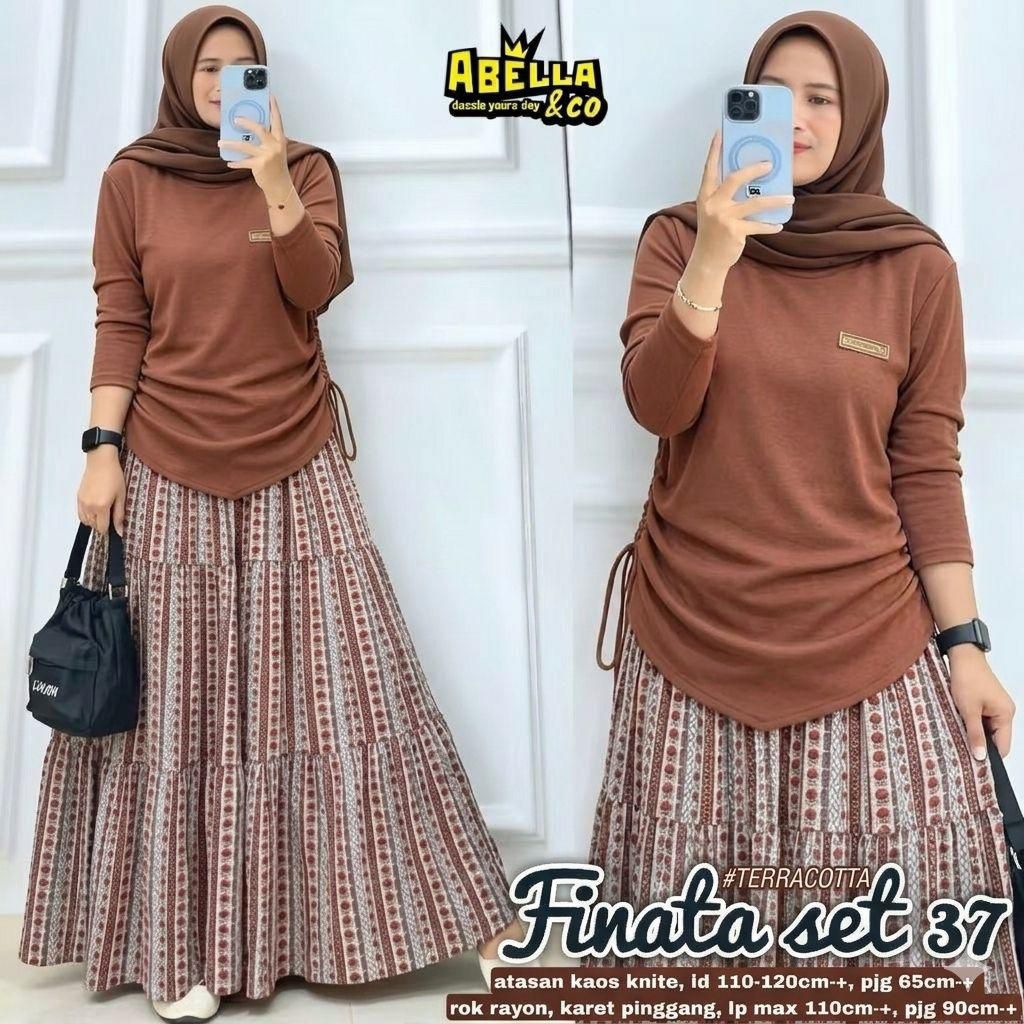 Abella & Co Finata Set 37 - Atasan Kaos Knite & Rok Rayon Pink - LD 110-120cm, Pjg 65cm+ - Baju Musl