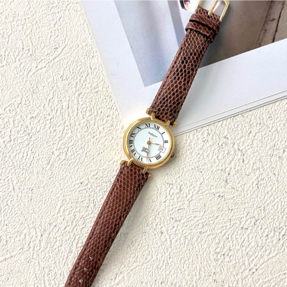 Jam Tangan Wanita Vintage Watch Burberry White Roman Date Round Dial Brown Strap Original Autentik P