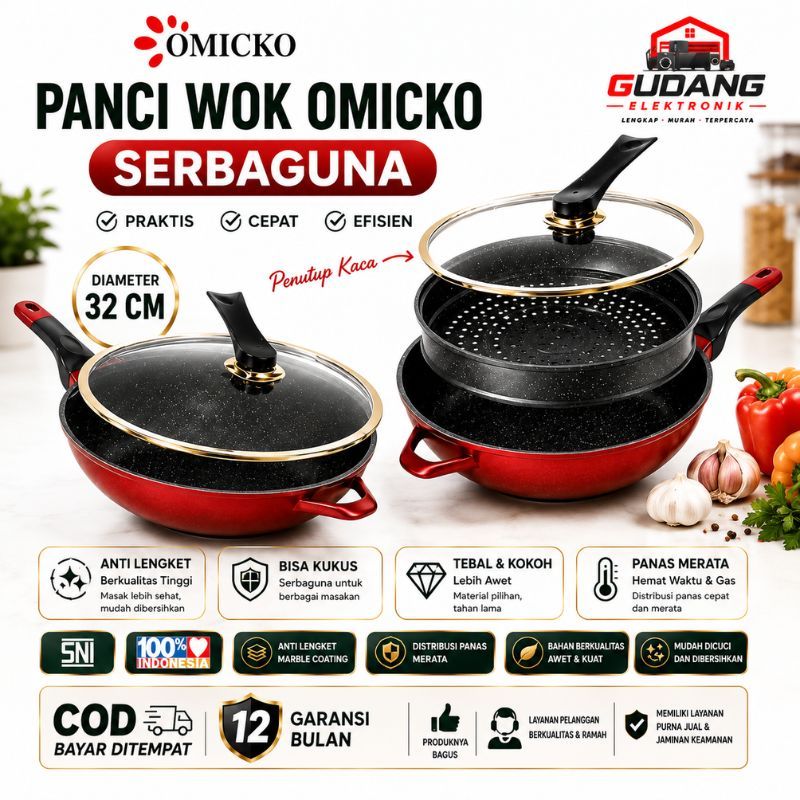 Wajan Wok Omicko 32cm + Kukusan & Tutup Kaca | Wajan Anti Lengket Marble Pan Serbaguna Multifungsi