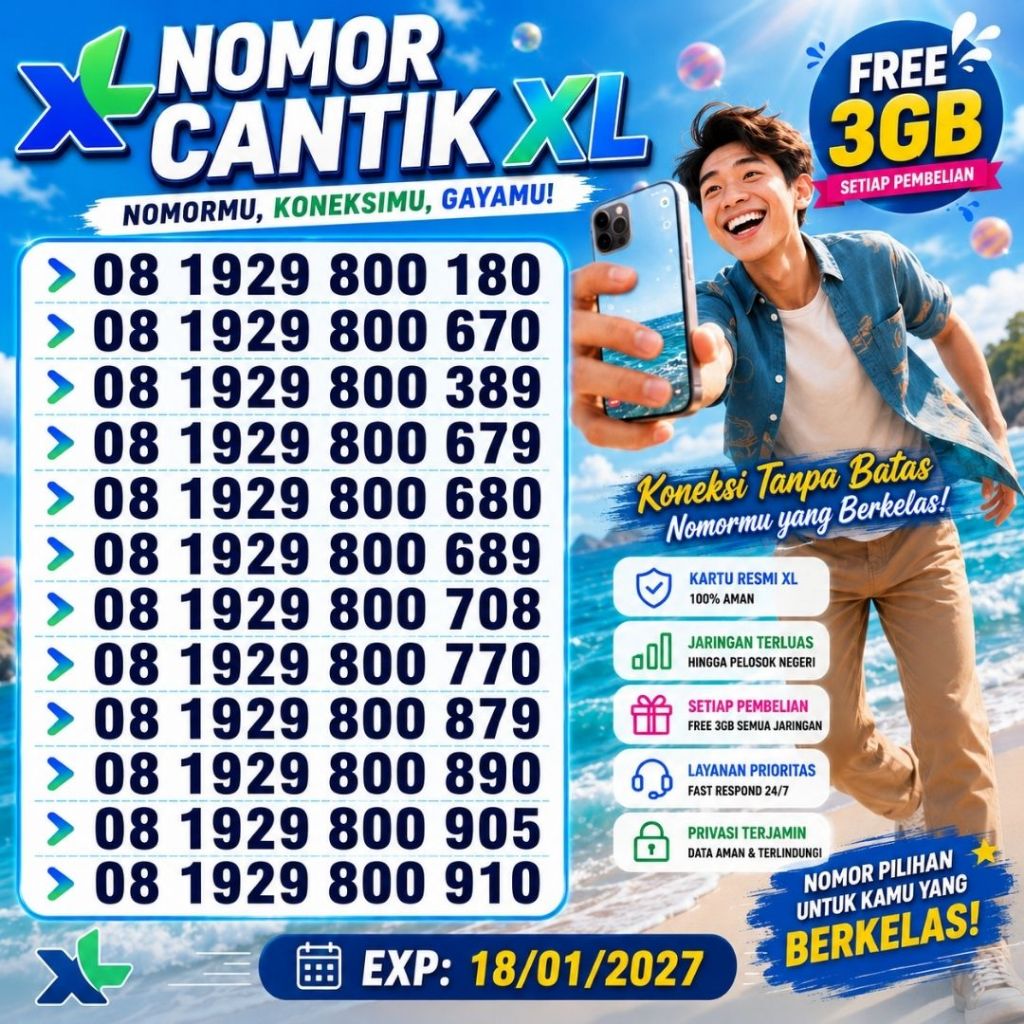 Nomor Cantik XL Seri 08 1929 800 XXX Bonus 3GB Harga 45ribu