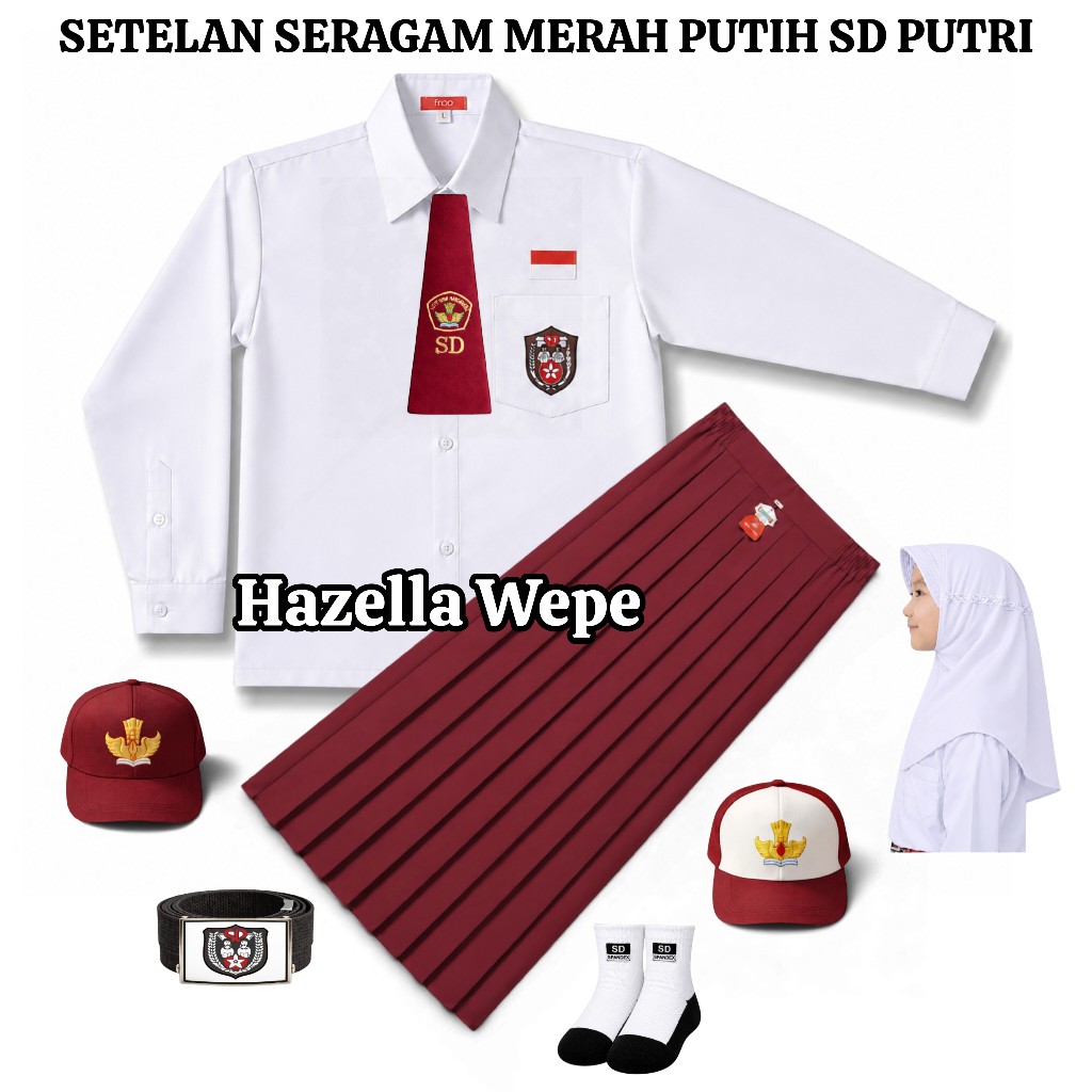 Setelan Seragam Sekolah SD Merah Putih Anak Perempuan Baju Putih SD Lengan Panjang Rok Merah Panjang