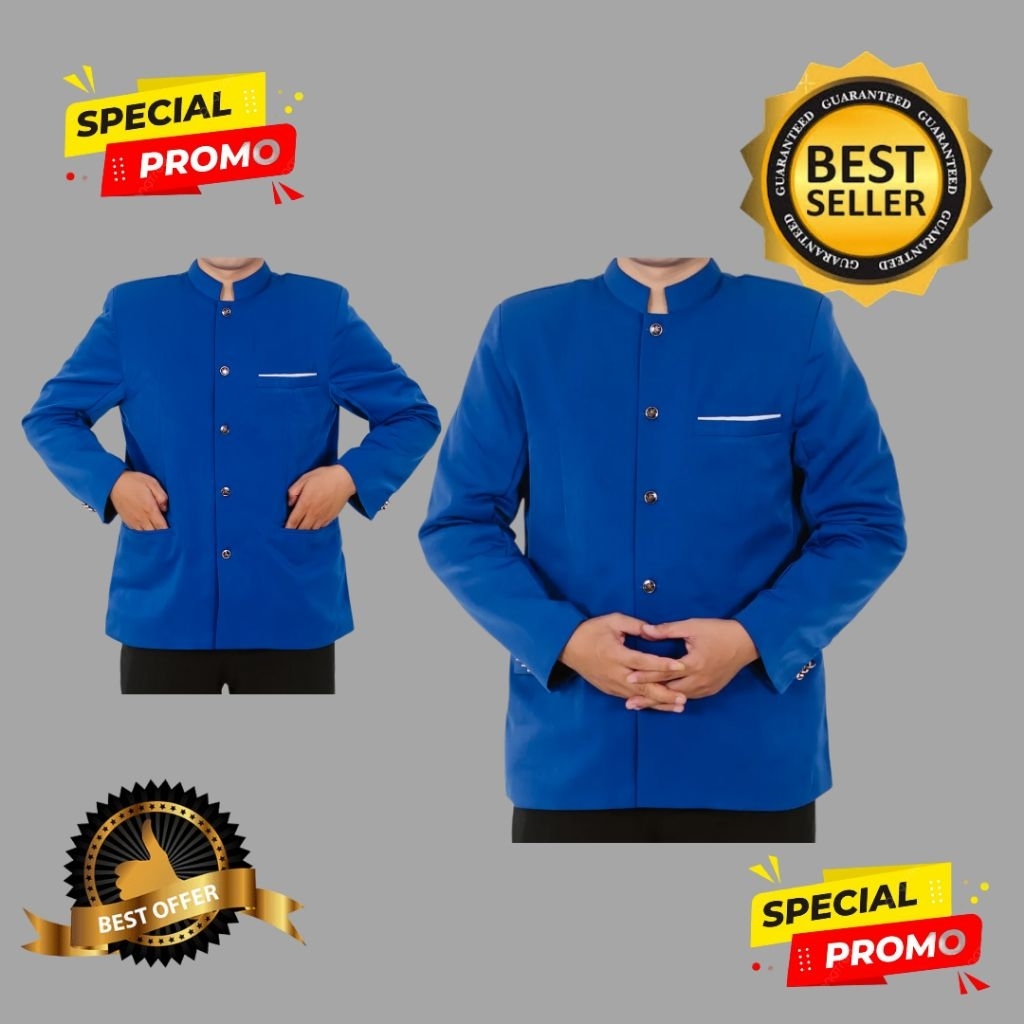 Jas Koko Jasko Mandarin Warna Biru Pria List saku putih Terlaris