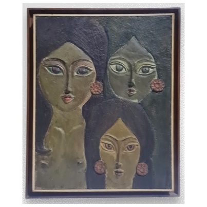 Lukisan Relief Tiga Figur Wanita Karya Maestro Tatang Ganar 1973 Sertifikat