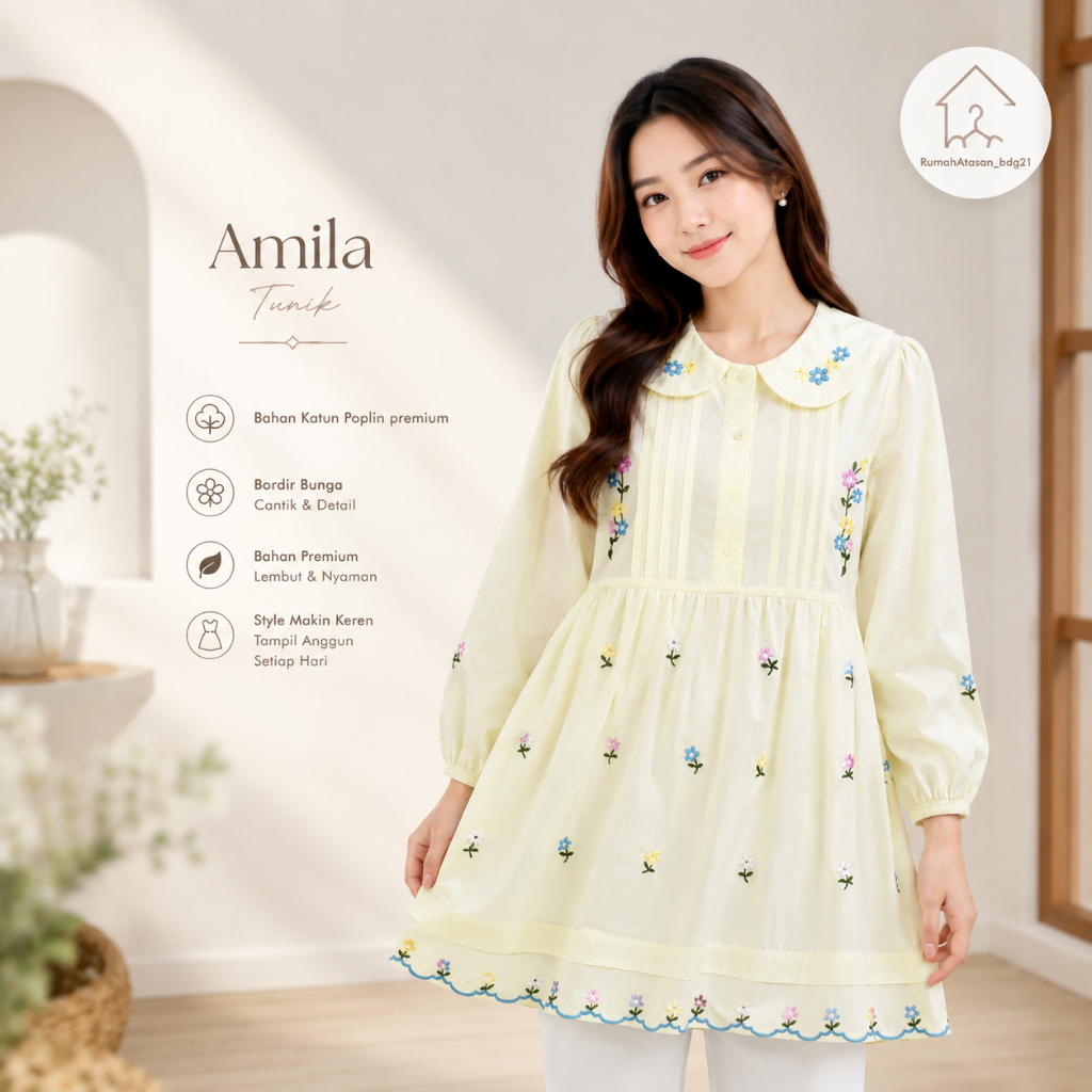 Tunik Bordir Bunga Katun Poplin Atasan Wanita Korean Style